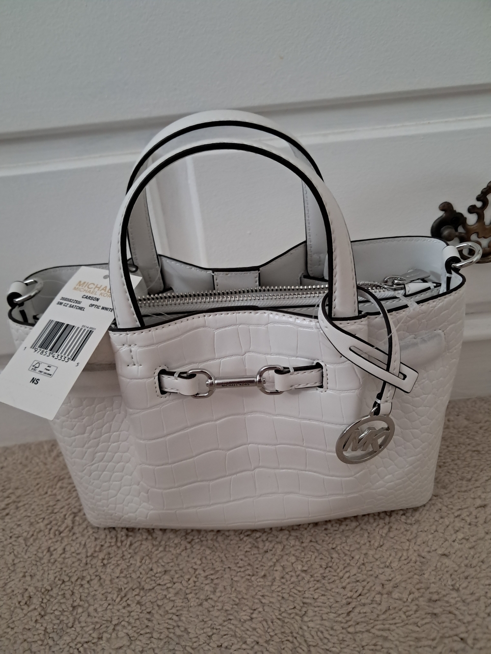 Michael Kors Carson Small White Crocodile Embossed Satchel NWT Mother's Day Gift